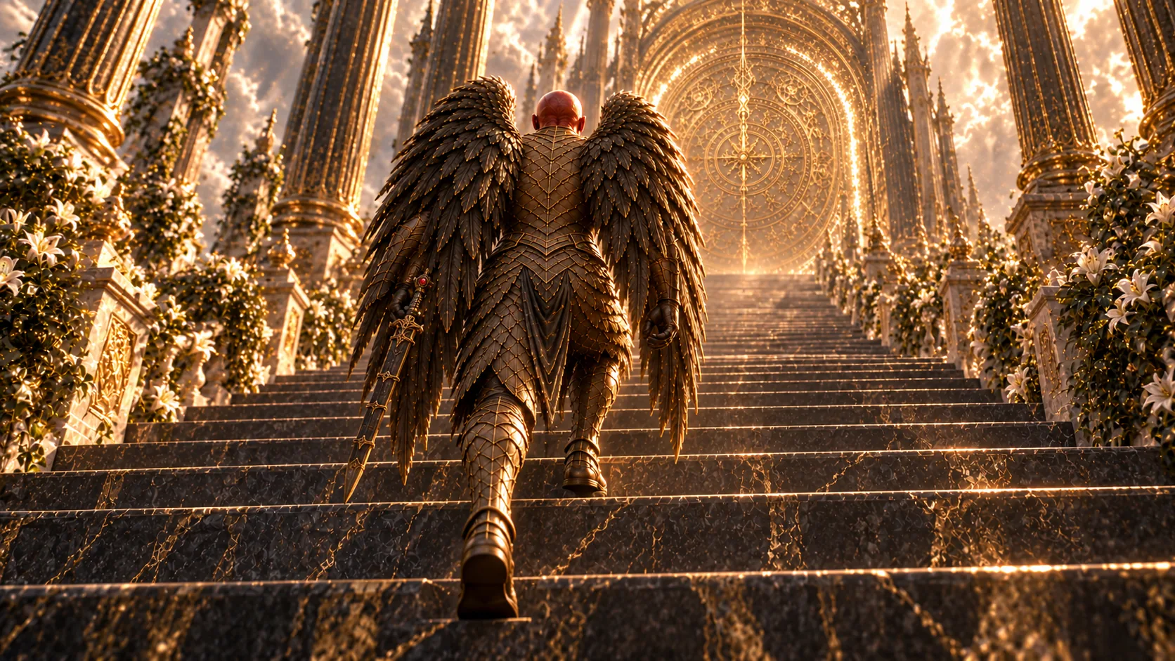 Lucifer ascending the golden stairs toward the gates of Heaven.