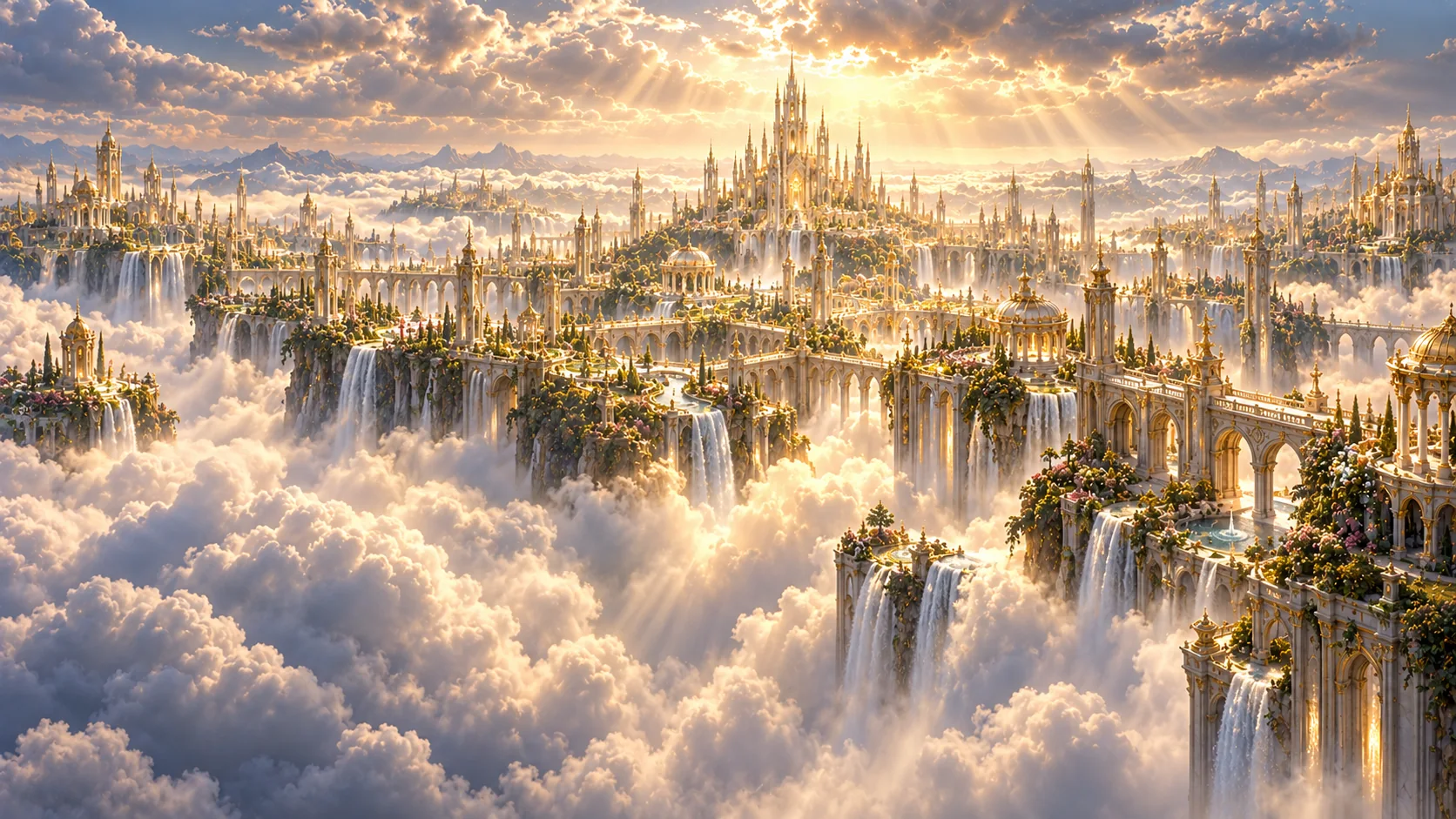 Golden towers, gardens and waterfalls above a sea of clouds.